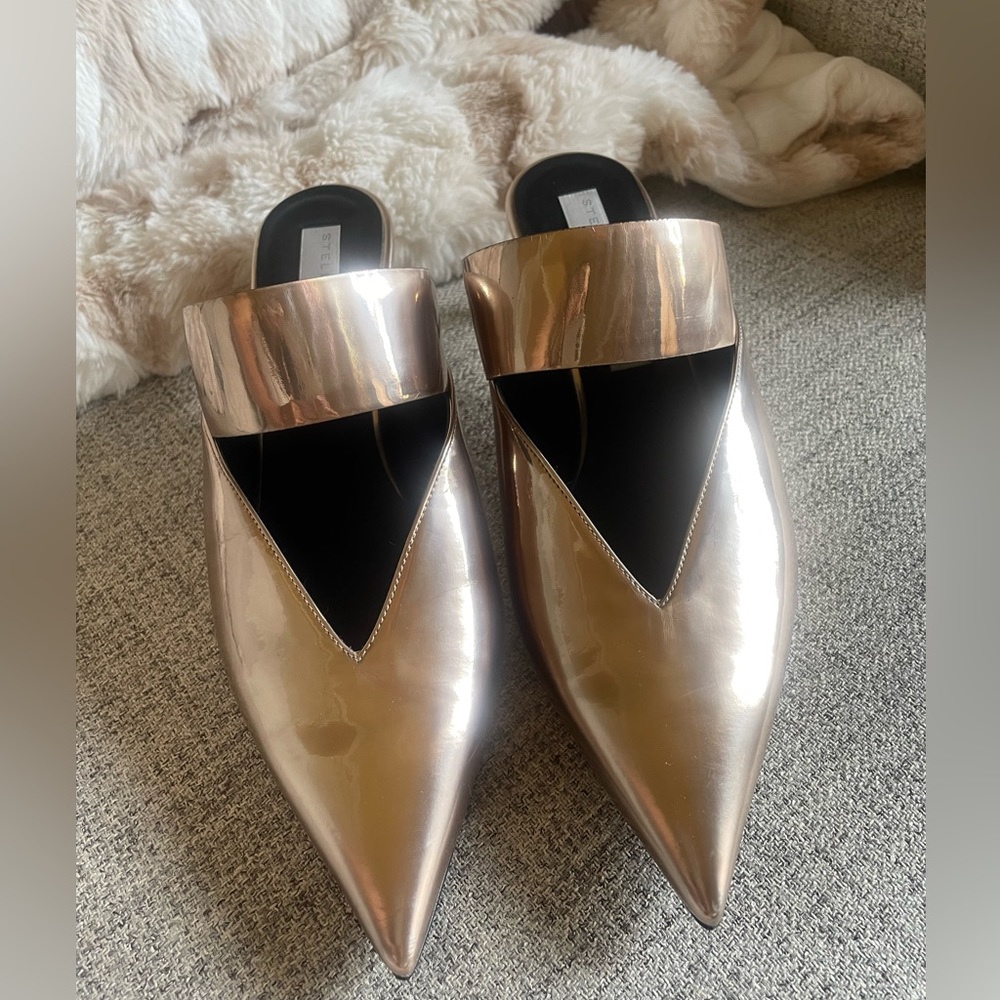 Stella MCCortney pointed mirrored mules.